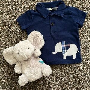 Carter’s Just One You Blue Polo Shirt, Stitched Elephant, Size 6M, FREE Stuffie